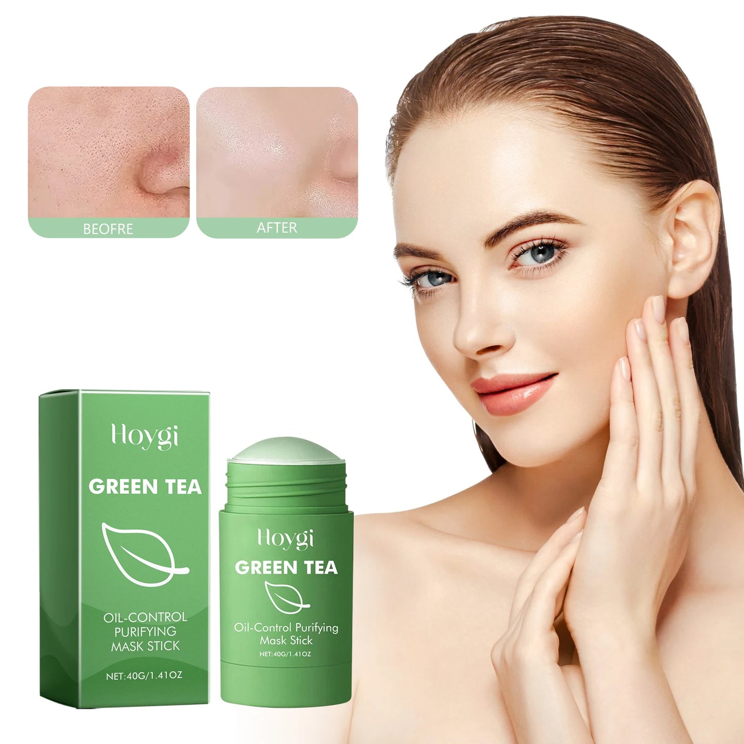 Hoygi Green Tea Face Washing Stick Soft Smooth Skin Moisturizing Pores Solid Mask Close Mouth Cleansing and Exfoliating